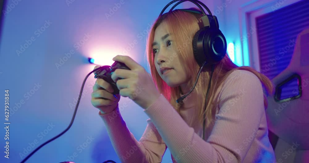 Aufkleber gamer using joystick controller for virtual tournament plays online video game with computer neon li