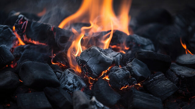 Close-up of burning lumpy briquette coal as an abstract background. The texture of the fiery coals of a campfire smoldering fire. Generative AI