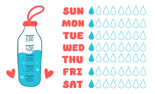 Water tracker template with sport bottle. Drinking water checklist. Vector illustration.