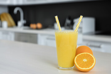 Fresh orange juice on the kitchen table