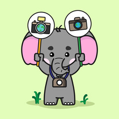 Adorable elephant is rejoicing in World Photography Day. Cute elephant cartoon illustration isolated in green background. Vector illustration.