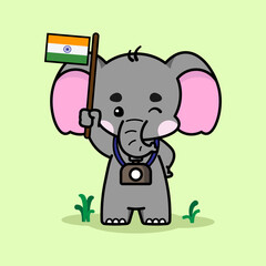 The adorable elephant is rejoicing in the celebration of India's Independence Day. Cute elephant cartoon illustration isolated in green background. Vector illustration. 