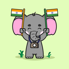 Cute elephant is celebrating India's Independence Day. Cute elephant cartoon illustration isolated in green background. Vector illustration. Fit for mascot, children's book, icon, t-shirt design, etc.