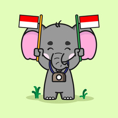 Cute elephant is celebrating Indonesia's Independence Day. Cute elephant cartoon illustration isolated in green background. Vector illustration. 