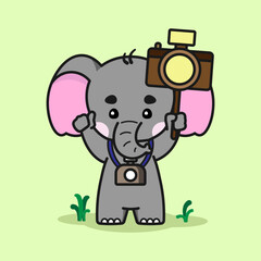 Cute elephant is celebrating World Photography Day. Cute elephant cartoon illustration isolated in green background. Vector illustration. Fit for mascot, children's book, icon, t-shirt design, etc.