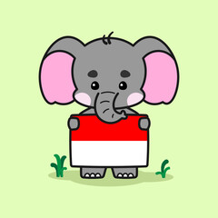 Adorable elephant is rejoicing in the celebration of Indonesia's Independence Day. Cute elephant cartoon illustration isolated in green background. Vector illustration. 