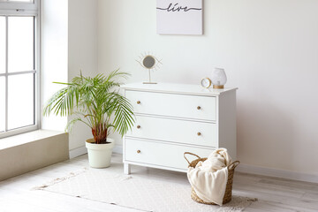 Chest of drawers and houseplant near big window