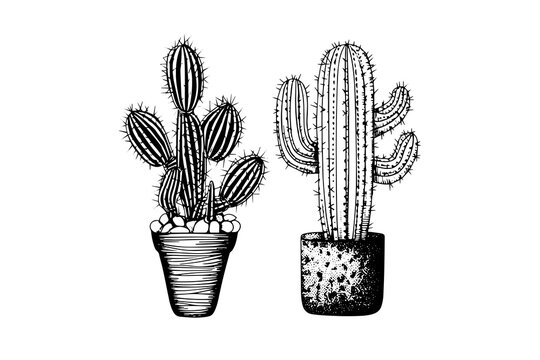 Set of cactuses hand drawn ink sketch. Engraving style vector illustration