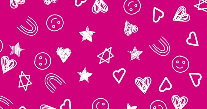 seamless  infinite repeat loop love heart,emoji,xoxo and stars animated background,scribble hand drawn doodle motion graphics pink background	

