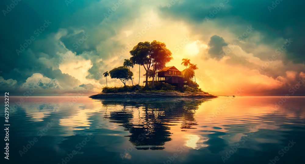 Poster Beautiful small rock island in the middle of the sea with a colorful sky background. Created with Generative AI technology.