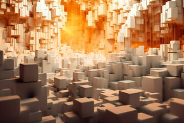 Abstract three dimensional white cube scene illuminated in orange light