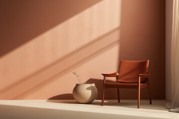 Fototapeta na wymiar The Comfort of Home, Hazy Light, Leather Chair, and the Warmth of Light Orange and Bronze Minimalist, generative ai