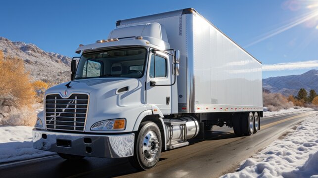 White industrial heavy commercial long haul semi-truck frozen cargo in refrigerated semi-trailer drives on the interstate multi-lane highway with one-way traffic direction.