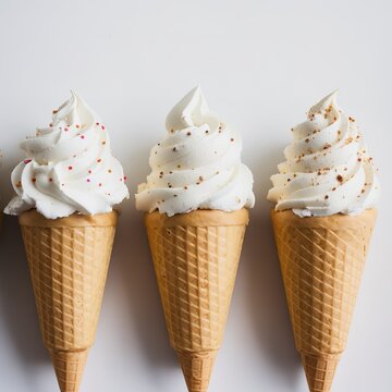 row of empty ice cream cones on white background