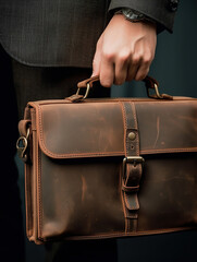 person holds an brown briefcase