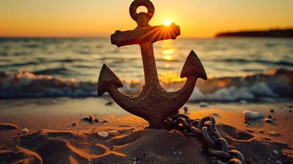 Fototapeta premium An anchor is on the beach with a sunset behind it
