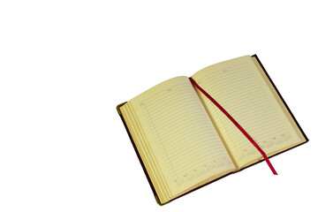 Mockup yellow book or diary with dark red cover, in isolated white with copy space