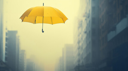 Floating above the streets are yellow umbrellas in the air