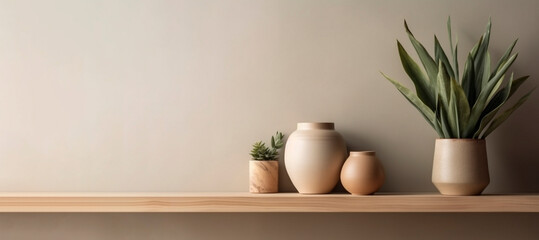 Cream color wall mock up with vase and green plant