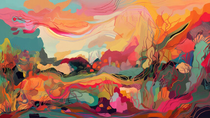 Landscape illustrations in styles ranging from abstraction to impressionism and pixel art