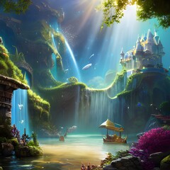 Obraz premium antasy-kingdom-under-water-with-waterfall-beautiful-fishes-various-rocks Generative AI