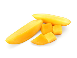 Pieces of fresh ripe mango on  white background
