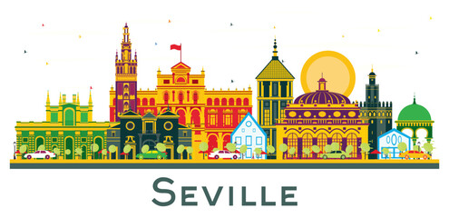 Fototapeta premium Seville Spain City Skyline with Color Buildings Isolated on White.