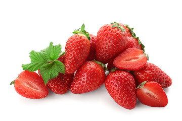 Heap of fresh strawberries with leaves on white background