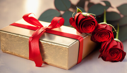 red rose and gift box on black background, A gift box with a red ribbon and some red rose, 14 February, love day,Ai Generate 
