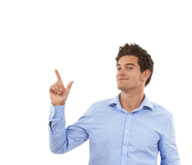 News, pointing up and portrait of business man on isolated, png and transparent background. Advertising, professional and male person with hand gesture for promotion, information and announcement