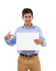 Business man, poster mockup and presentation for advertising job opportunity, news and announcement. Portrait of professional person pointing to card space isolated on a transparent, png background