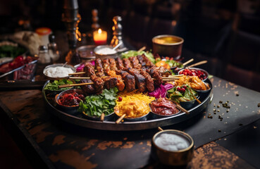 Traditional oriental Adana kebab and shashlik skewer with tomato and flatbread as top view on a plate. Turkish and Arabic Traditional inside Adana, Urfa, Chicken, Lamb, Liver and Beef and lahmacun - obrazy, fototapety, plakaty