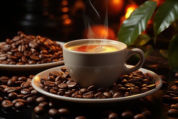 Fototapeta premium Cup of coffee with smoke and coffee beans in burlap sack on coffee tree background