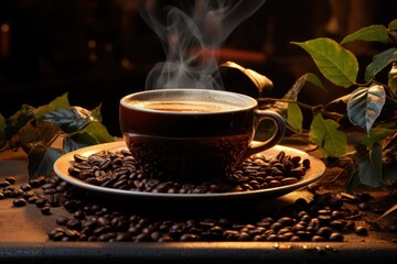 Cup of coffee with smoke and coffee beans in burlap sack on coffee tree background