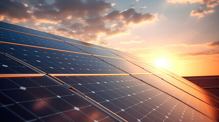 Solar panels gleam in the sunlight against a sunset sky