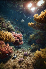 Fototapeta na wymiar Submersible explores the deep sea and underwater world