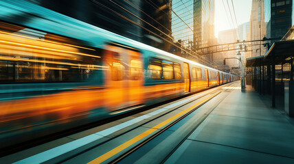 train speeds past in an urban city