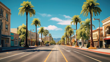 The street is divided by a bright yellow line, with palm trees on one side - obrazy, fototapety, plakaty