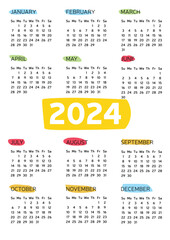 2024 Calendar year vector illustration. The week starts on Sunday. Annual calendar 2024 template. Vector illustration. A4