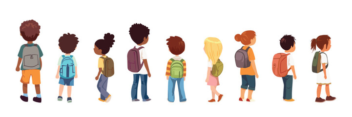 Back to school children back view. Little boys and girls go to school isolated on white background. They hold hands. Children with backpacks illustration isolated on white, back view.
