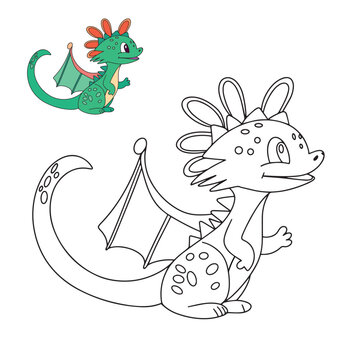 Coloring book for children, cartoon character, cute animal, little dragon
