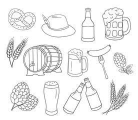 Mug of beer with foam and bottles, wooden barrel and snack. Glass mug with drink. Outline doodles set isolated on white background.