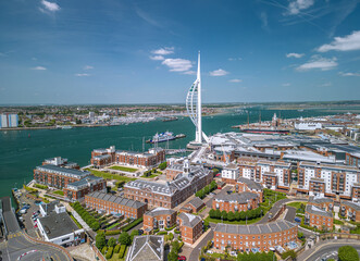 Fototapeta premium The drone aerial view of Portsmouth Harbour. Portsmouth is a port city and unitary authority in Hampshire, England.