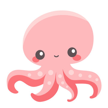 Children's flat vector illustration on white background. Cute pink octopus . Vector illustration