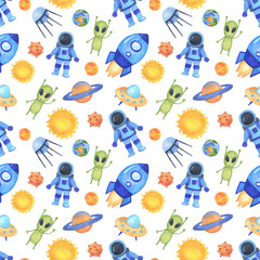 Seamless watercolor children's pattern with space rocket, astronaut and ufo on white background.