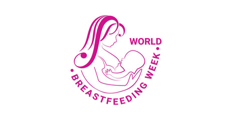 World Breastfeeding Week Design with outline style for loving long-haired mom holding her baby and breastfeeding. Mother and baby Logo Design. Great for posters, stickers, and banners
 - obrazy, fototapety, plakaty