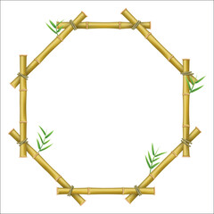 Bamboo hexagonal frame with leaves brown wooden border with sticks empty copy space realistic vector