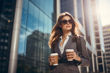 beautiful business woman holding a cup of to go coffee in a suit with office buildings in the background