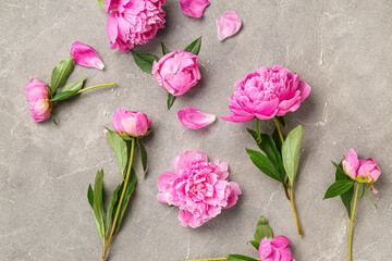 Composition with beautiful peony flowers on grunge background