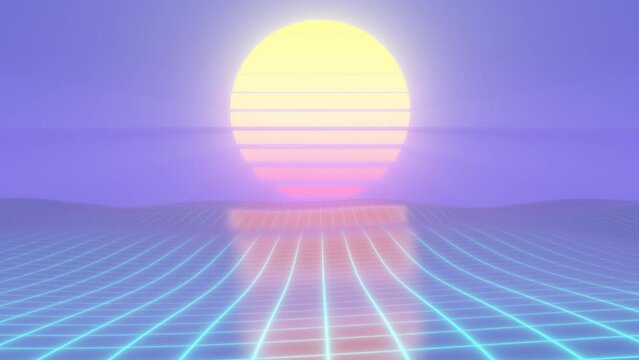 Retro Synthwave 80s Sun Above Wireframe Grid Neon Glowing Ocean Waves - 4K Seamless VJ Loop Motion Background Animation